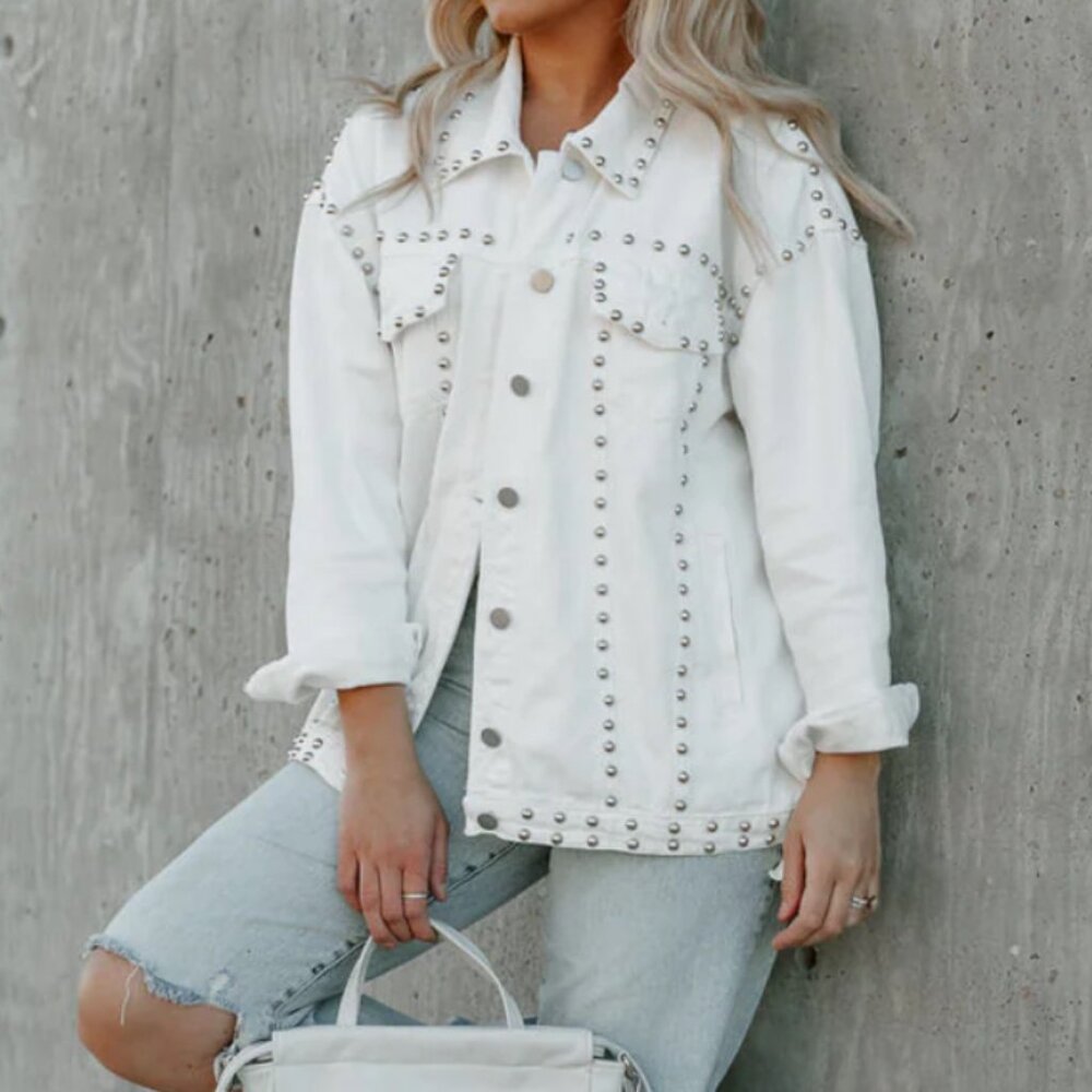 Gameday Couture, S, MENLO STUDDED OVERSIZED DENIM JACKET IN WHITE